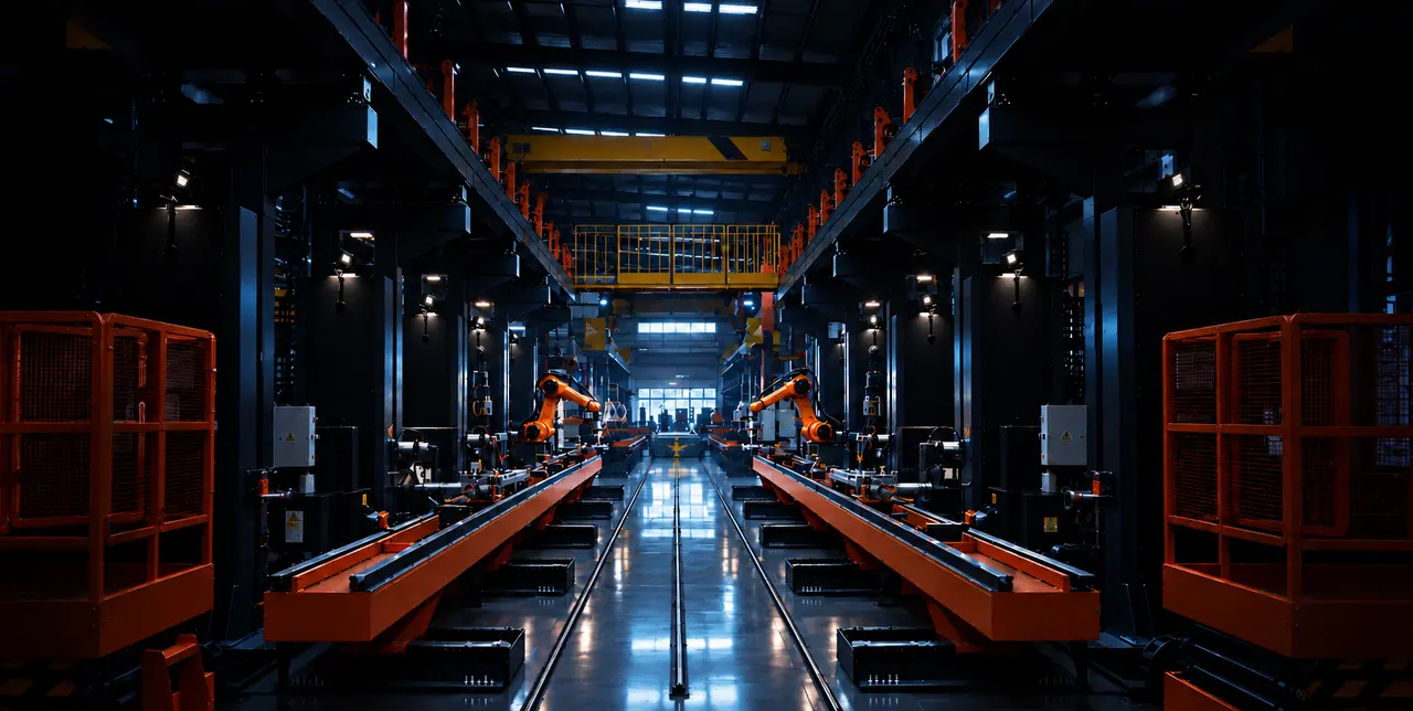 A dark factory aisle with orange robotic arms lined along both sides of a central production line.